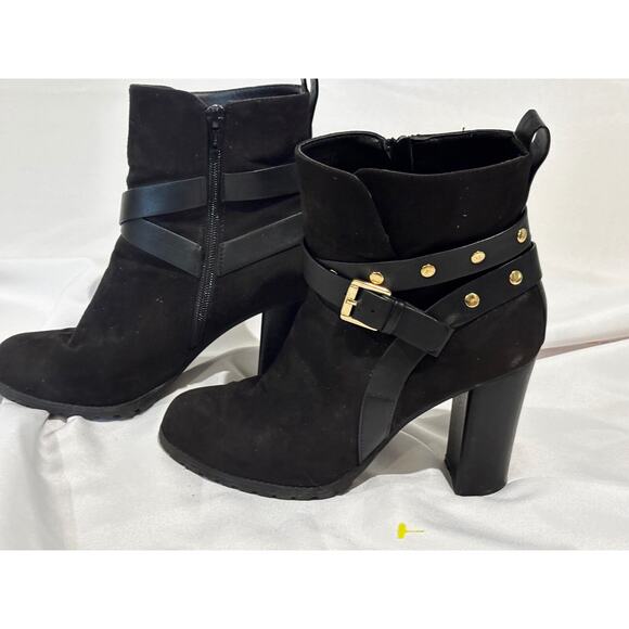 Apt. 9 Shoes - Woman’s APT 9 Black Suede Zip Boots Sz 9 chunky biker studded buckle straps